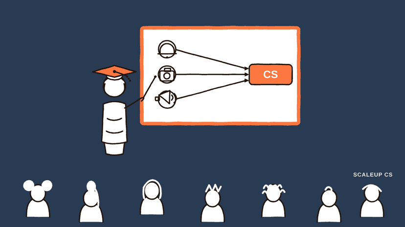 Illustration of a customer success leader as a teacher at a whiteboard, teaching a diverse classroom, representing CS shifting from account management to education